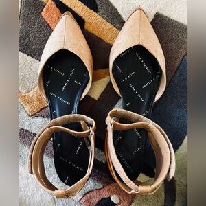 Charles & Keith Tan Kitten Heel Pointed Toe Ankle Wrap Shoes